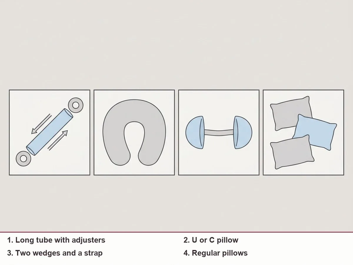 Diagram of four pillow types side by side: long tube with end adjusters, U pillow, two wedges joined by a strap, and loose regular pillows