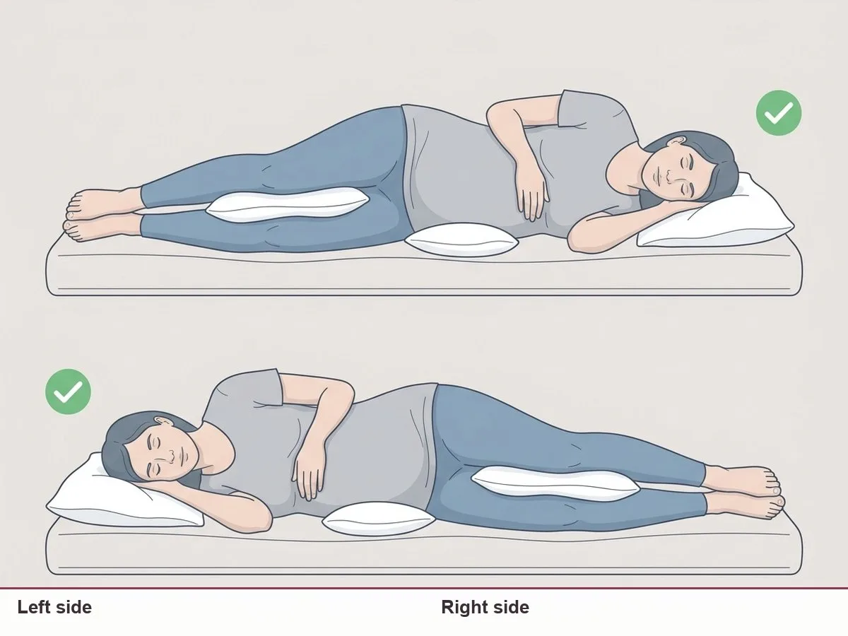 Illustration of two pregnant women lying on their sides, one on the left and one on the right, both with a pillow between the knees and under the bump