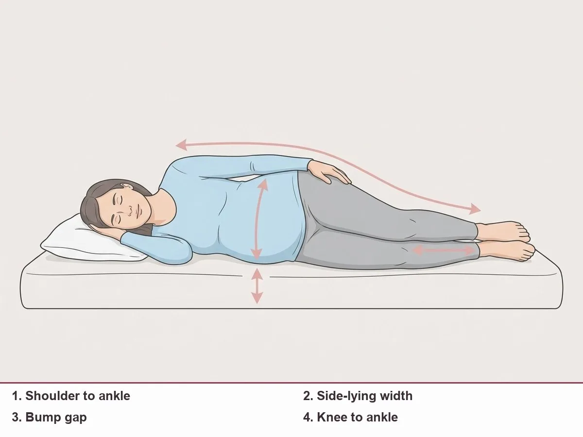 Illustration of a pregnant woman lying on her side with four body measurements marked: shoulder to ankle, side-lying width, bump gap and knee to ankle