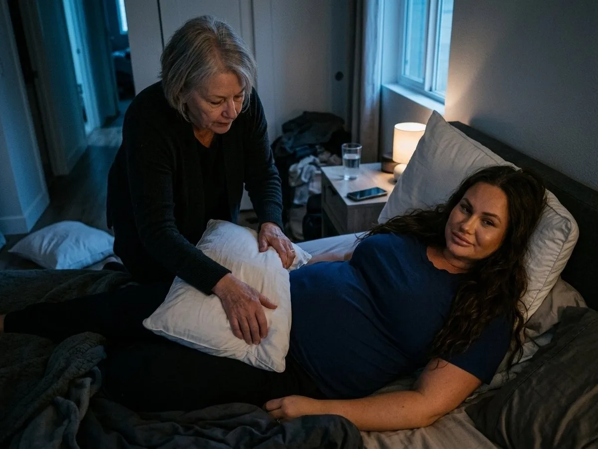 Pregnant woman lying awake at night while an older woman leans over the bed folding a pillow, other pillows out of place