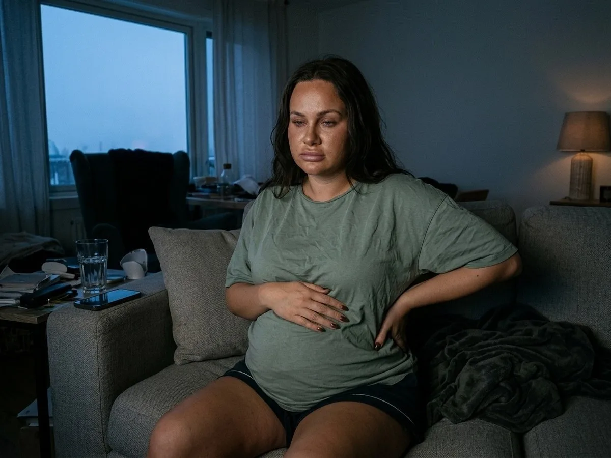 Pregnant woman sitting upright on a couch before dawn with a hand pressed to her side under her ribs, a cushion behind her back