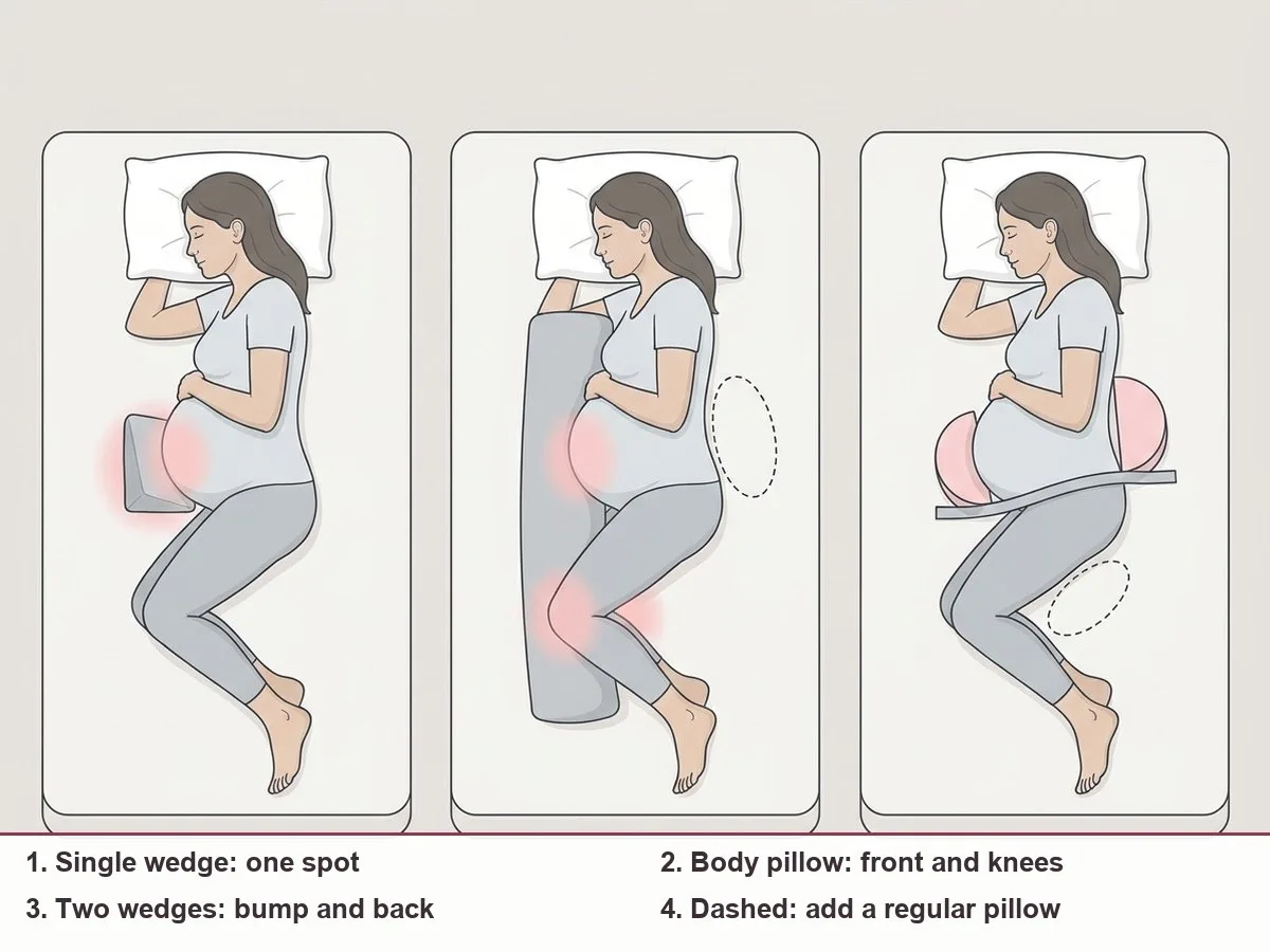 Illustration of a side-lying pregnant woman with support zones marked under the bump, behind the lower back and between the knees, showing which zones a wedge and a body pillow cover