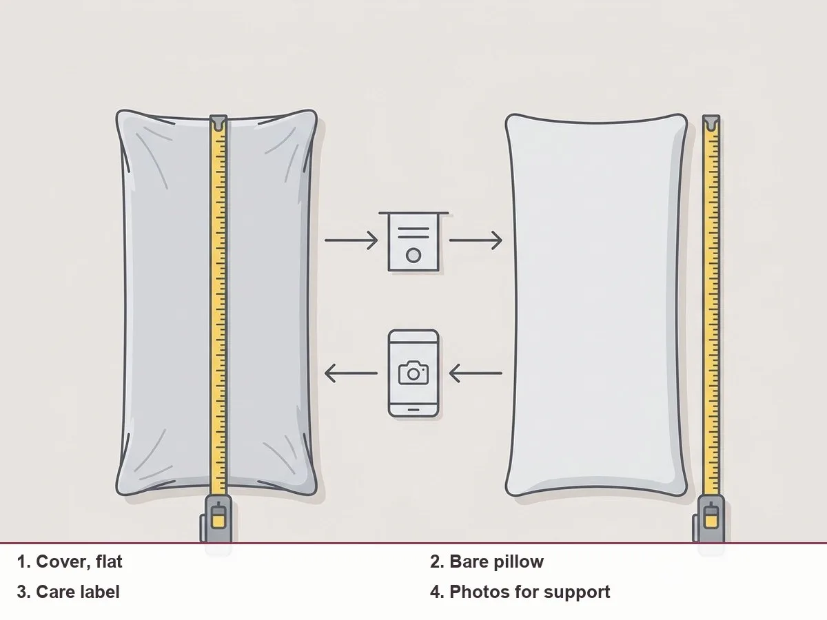 Illustration of a pillow cover laid flat with a tape measure, next to a bare pillow, a care label and a phone camera icon