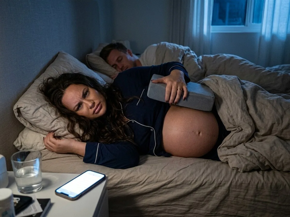 Pregnant woman awake on her side at night, pushing a small wedge pillow that sits too high on her bump