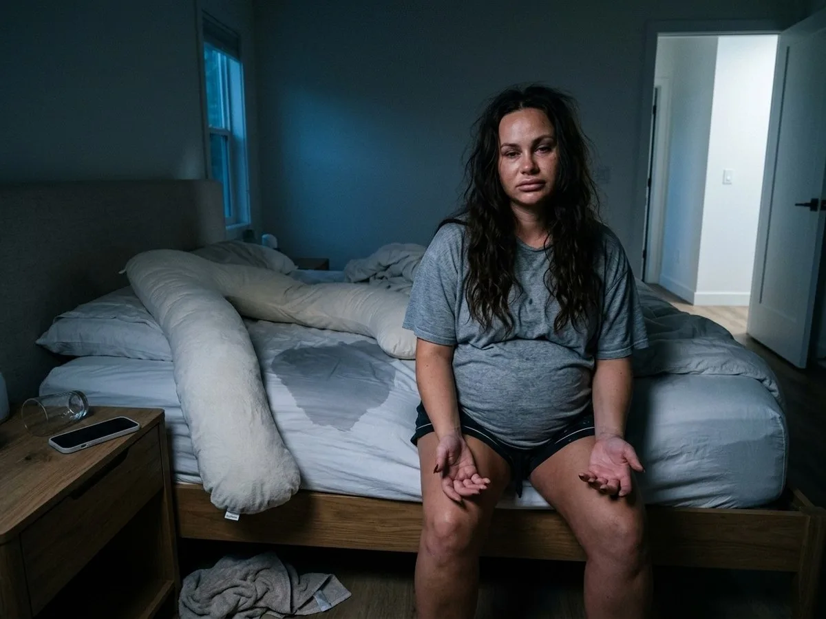 Pregnant woman at night sitting on the edge of a bed with a wet sheet, a long U pillow half dragged off the mattress, her hands resting open on her lap