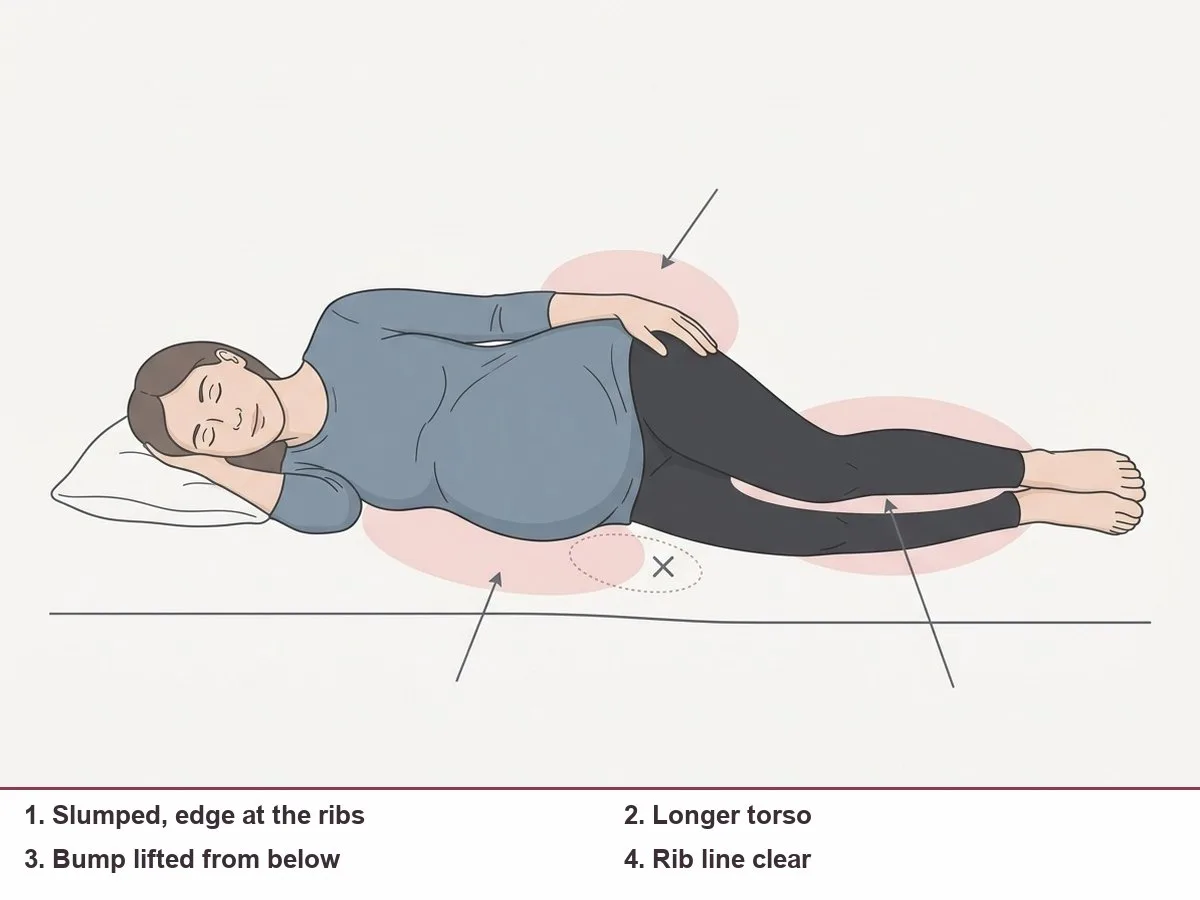 Illustration comparing a slumped side-lying pregnant woman with a pillow edge at her ribs, and a lengthened posture with the bump lifted from underneath and nothing at the rib line