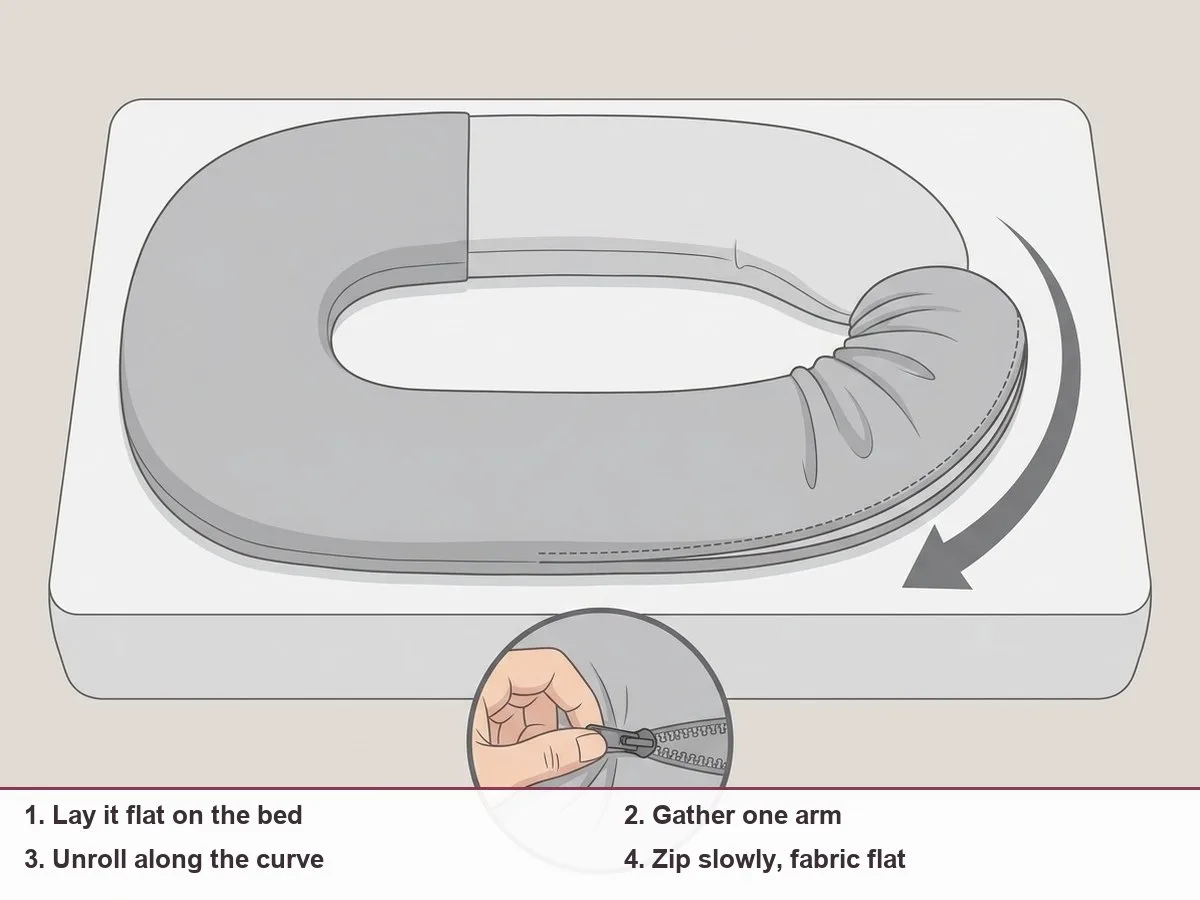 Illustration of a U-shaped pillow lying flat on a bed with its cover gathered over one arm like a sock, arrows showing one arm fed in at a time and the zipper along the outer edge