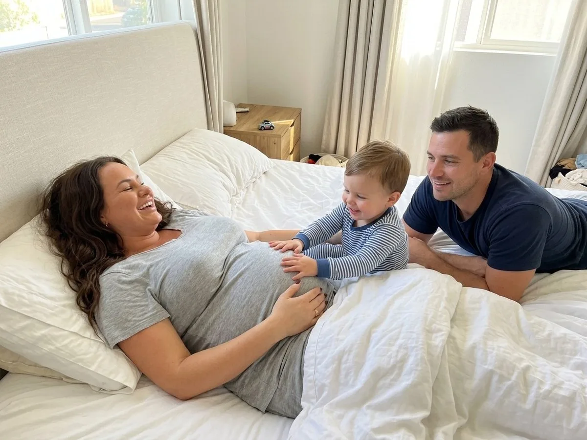 Sunny morning, pregnant mother smiling in bed as her toddler places both hands on her bump while the father lies beside them