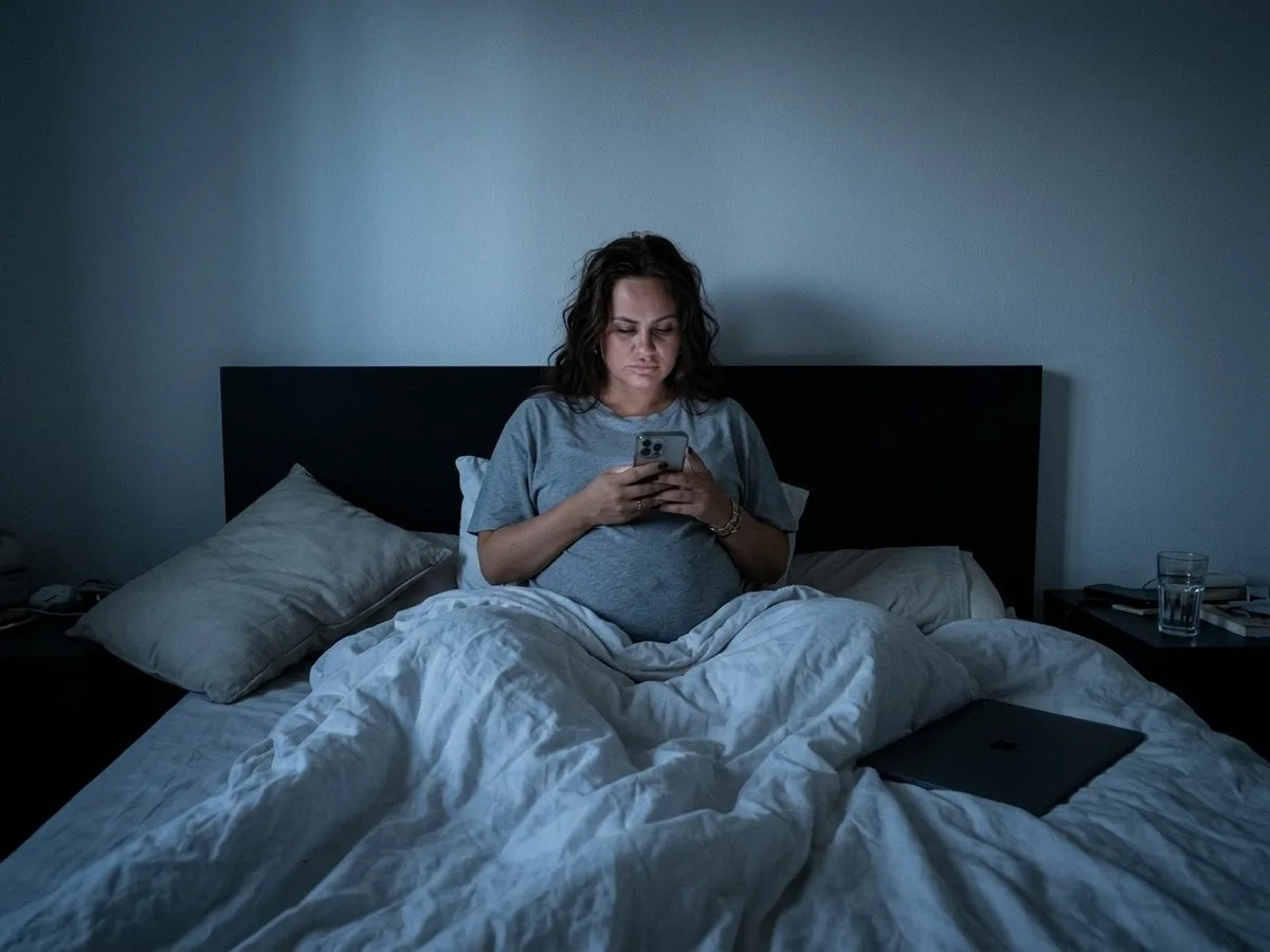 Pregnant woman sitting up in bed at night, comparing pillow listings on her phone, flat European pillows around her