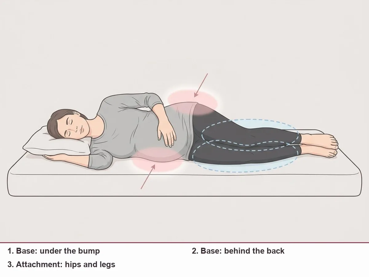 Side-view diagram of a pregnant woman lying on her side with three support zones: bump and back covered by a compact two-wedge pillow, and a third zone at the hips and legs where a longer add-on piece