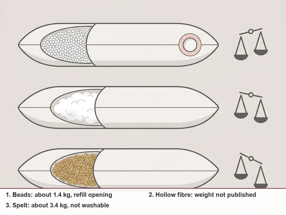 Diagram of three identical long pillows cut open to show tiny beads, fluffy fibre and spelt husks, each next to a small weight icon, the spelt one the heaviest