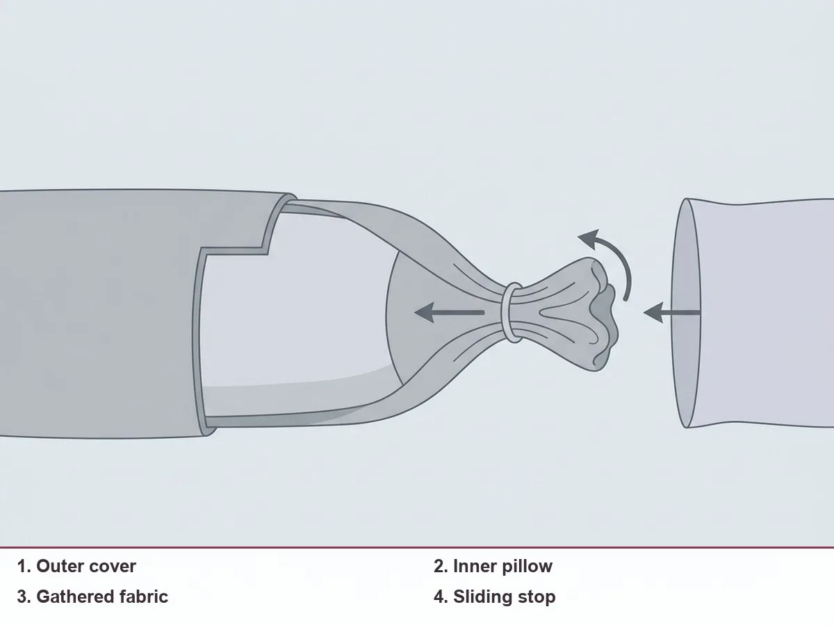 Illustration of the end of a long pregnancy pillow: outer cover, inner pillow, gathered fabric and a sliding ring, with arrows showing slide, turn and cover