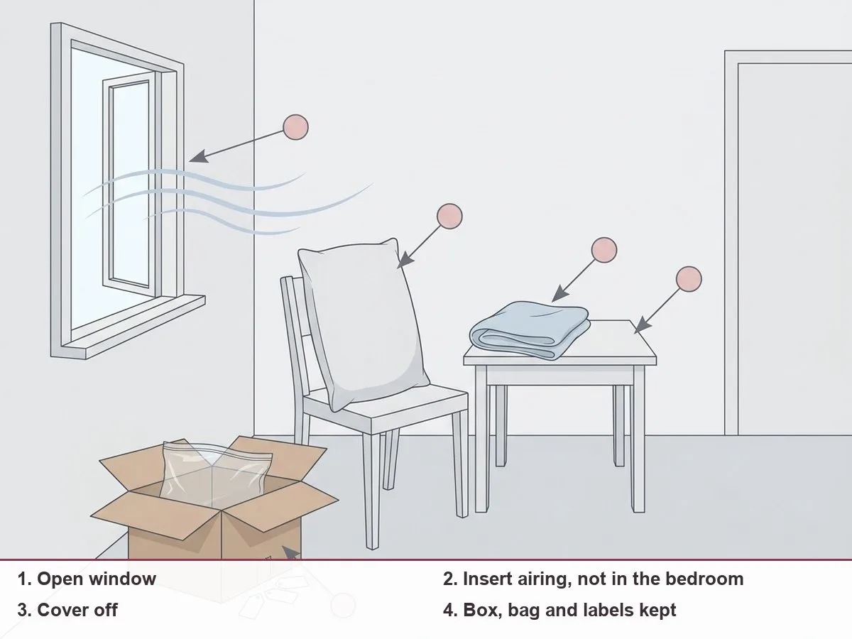 Illustration of a pillow insert airing in a spare room by an open window, separated from its cover, with the box and labels kept on a chair