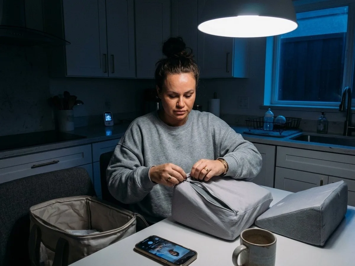Woman at a kitchen table at night with a returned pregnancy pillow, a shrunken cover that will not zip and a missing part