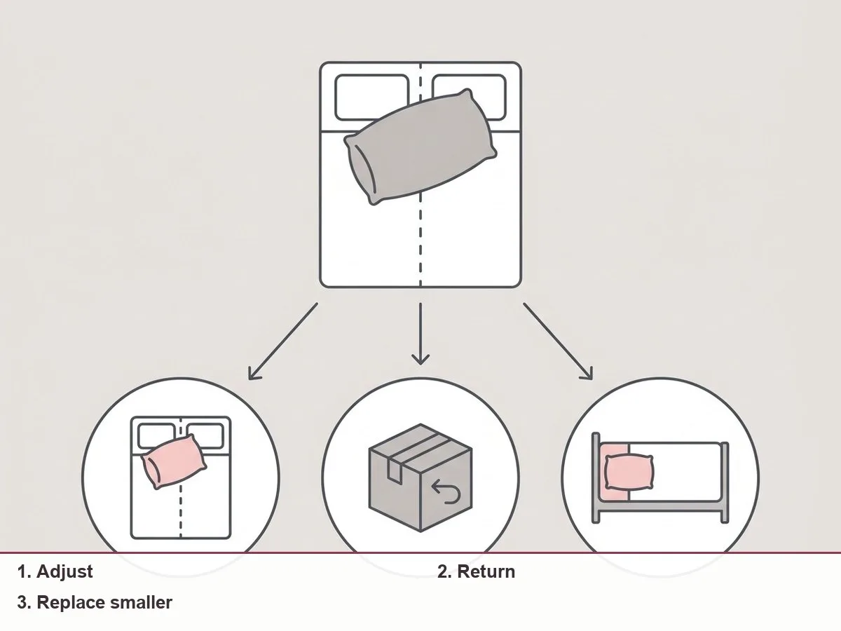 Flowchart illustration with three paths from a bulky pillow: a smaller pillow kept on the bed, a parcel being returned, and a compact pillow arriving