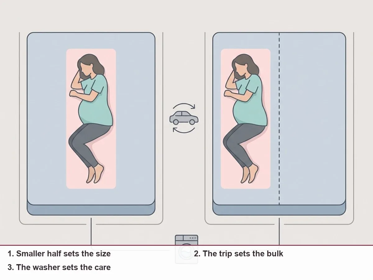 Illustration of two beds side by side, a full bed and a queen bed, linked by a car and a washing machine icon, with the smaller sleeping space highlighted
