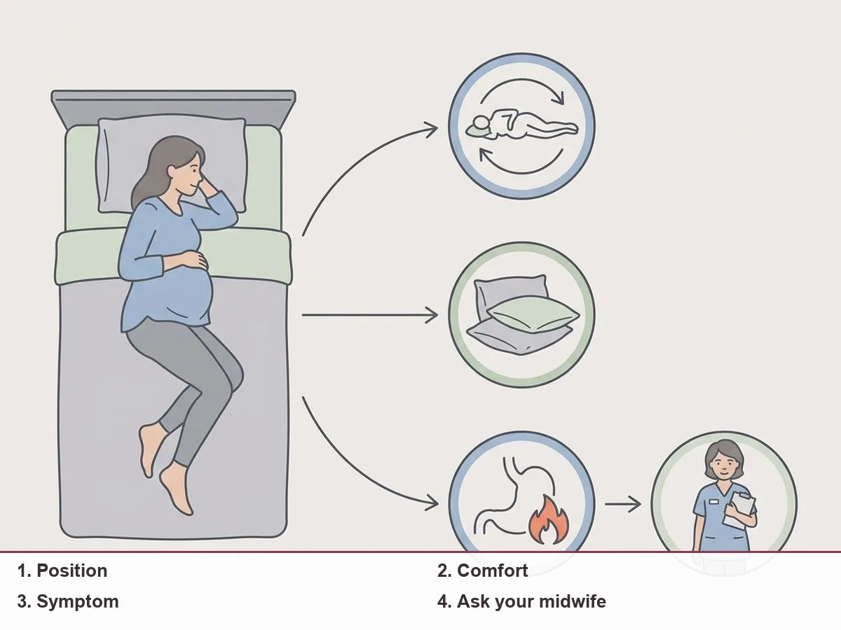 Illustration of a simple sorting map with three paths from a sleeping pregnant woman: position, comfort and symptoms, the last leading to a midwife