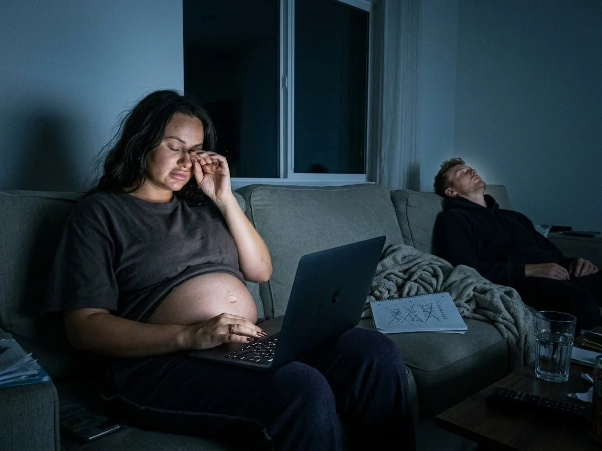 Late at night, tired pregnant woman on the couch with a laptop showing many identical product thumbnails, her partner asleep sitting beside her