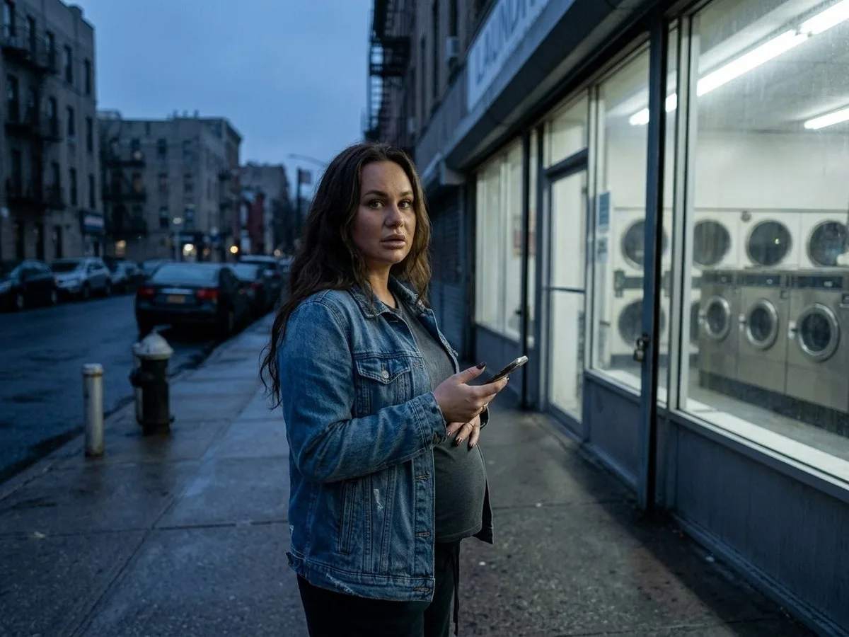 Pregnant woman walking home at dusk on a city sidewalk, looking back over her shoulder toward a laundry shop, worried, phone in hand
