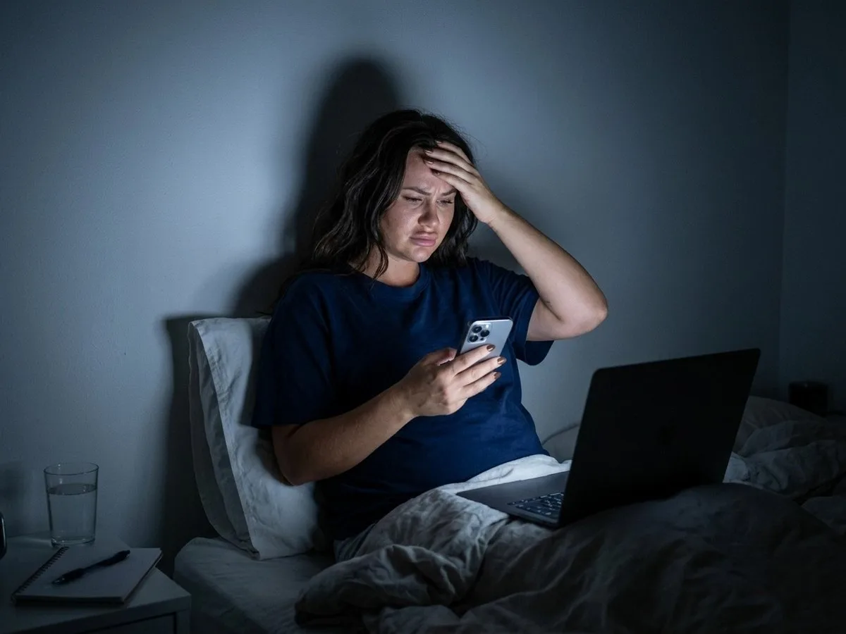 Pregnant woman sitting up in bed at night comparing a phone and a laptop full of product badges, looking confused and tired