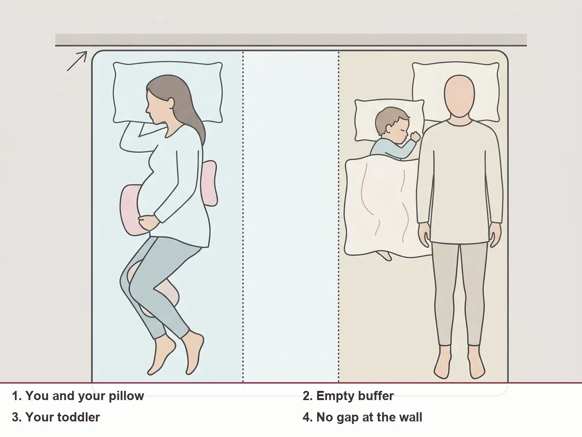 Top-view illustration of a bed divided into three zones: a pregnant woman with her support pillows, an empty buffer strip, and a toddler's space next to the other parent