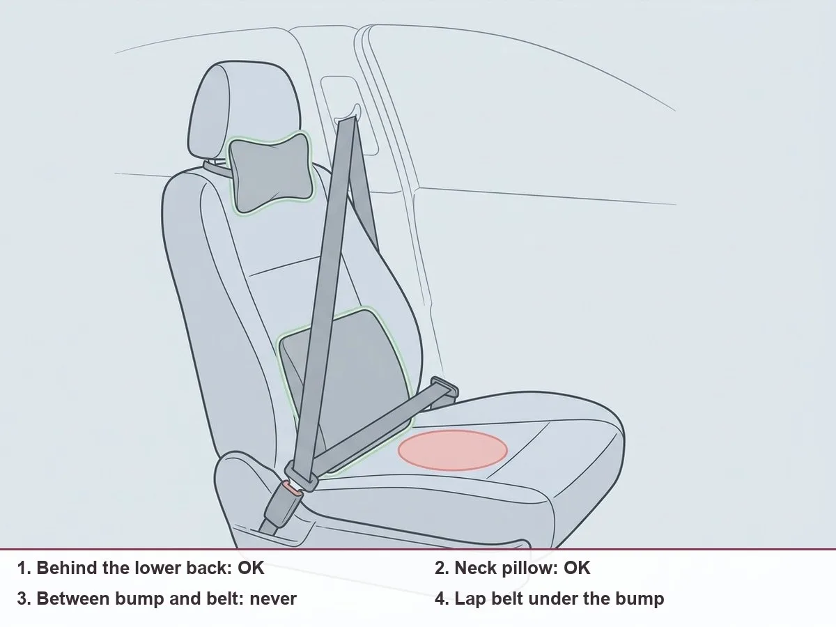 Illustration of a pregnant passenger in a car seat with a green zone behind her lower back and neck, a red zone between her bump and the lap belt, and the belt low across her hips