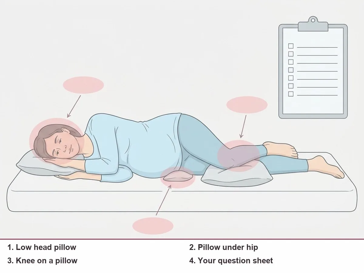 Illustration of a postpartum woman lying in a half-front position with one knee bent over a pillow and a small pillow under her hip, beside a blank question sheet on a clipboard