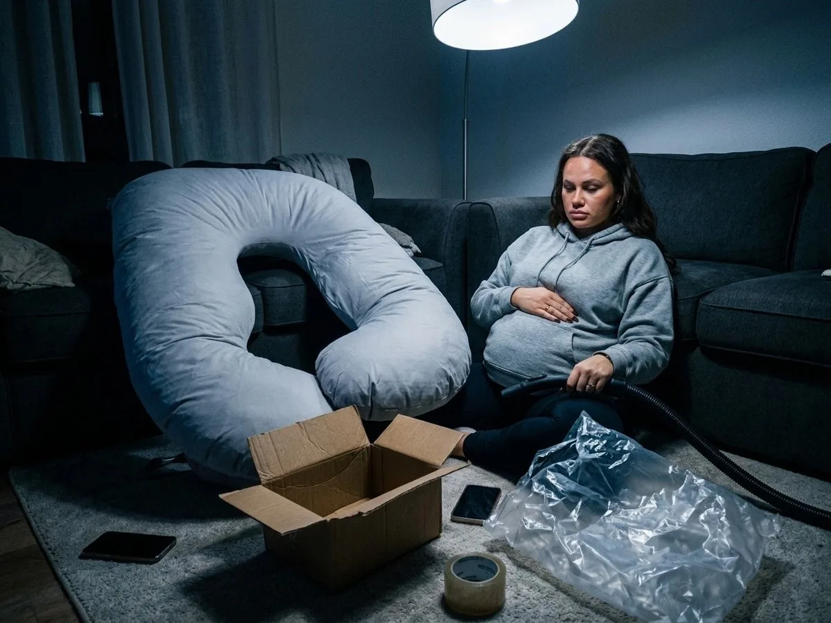 Pregnant woman sitting on a living room floor at night beside a huge expanded pregnancy pillow and a small open cardboard box