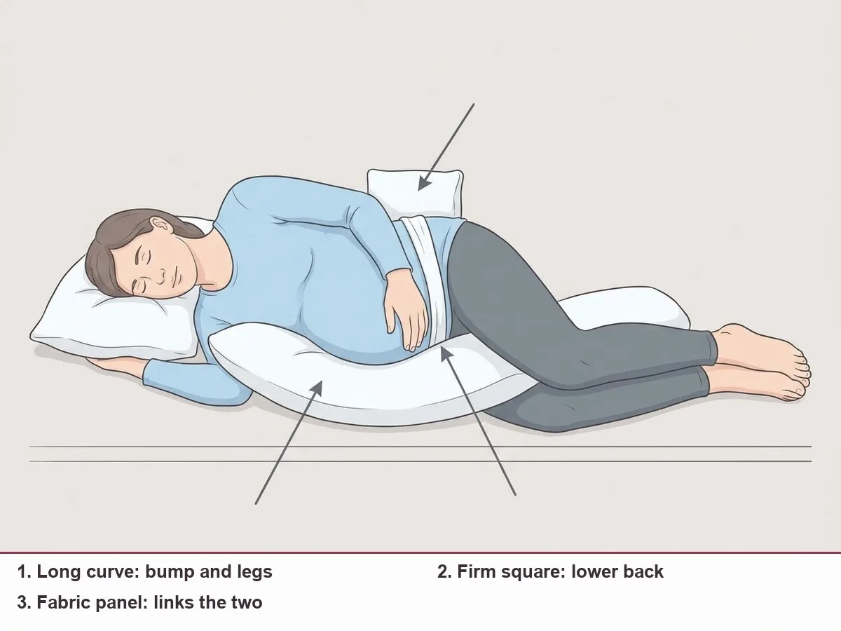 Illustration of a woman lying on her left side with a long curved pillow under her bump and between her knees and a small firm square at her lower back