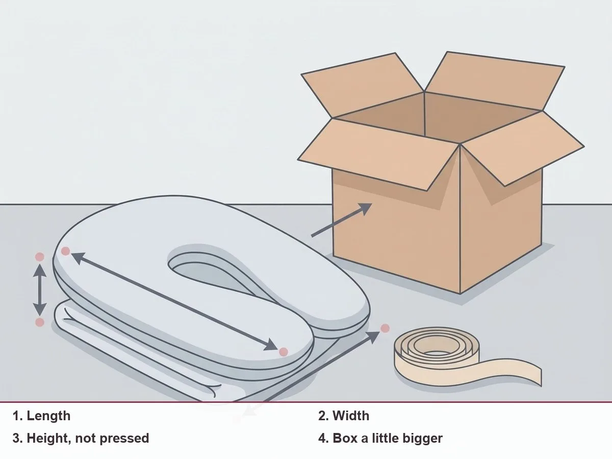 Illustration of an expanded pillow lying relaxed beside a larger cardboard box, with arrows showing length, width and height being measured