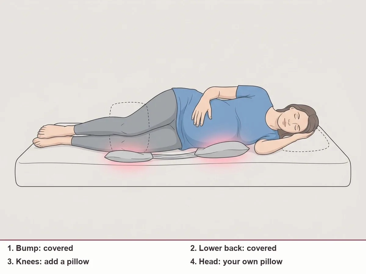 Side-view illustration of a pregnant woman on her side with two small highlighted zones at her bump and lower back, and dashed outlines at her knees and head showing areas a two-piece pillow does not 