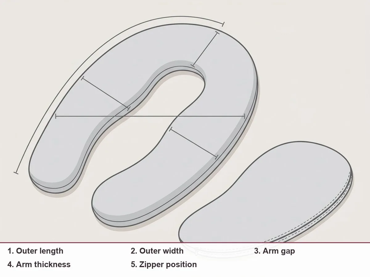 Top-down illustration of a bare U-shaped pillow with measuring lines along the outer length, width, arm gap and arm thickness, and a zipper marked on the curve
