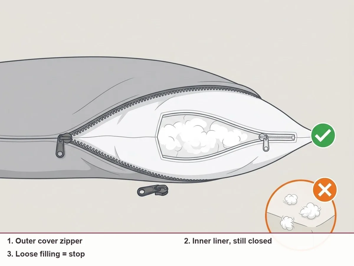 Cutaway illustration of a pillow showing an outer cover with its zipper open, and an inner liner with its own closed zipper holding the filling