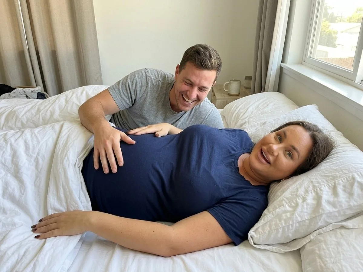 Sunny morning, pregnant woman with a large twin bump smiling in bed while her partner lies behind her with his hand on her bump