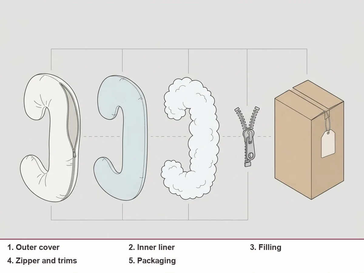 Illustration of a pregnancy pillow pulled apart into its parts: outer cover, inner liner, filling, zipper and packaging