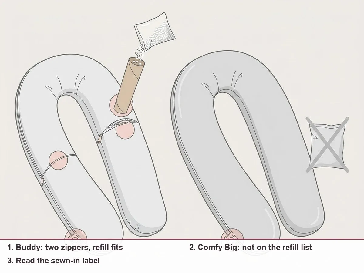 Diagram of two similar long bead pillows side by side: one with two marked zippers and a refill straw pouring beads in, the other with a crossed-out refill bag