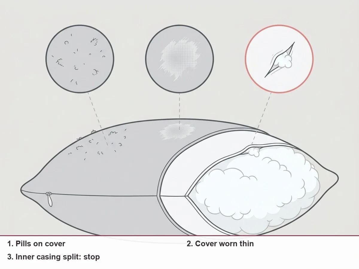 Cross-section illustration of a pillow showing an outer removable cover, an inner casing and the filling, with three marked wear levels