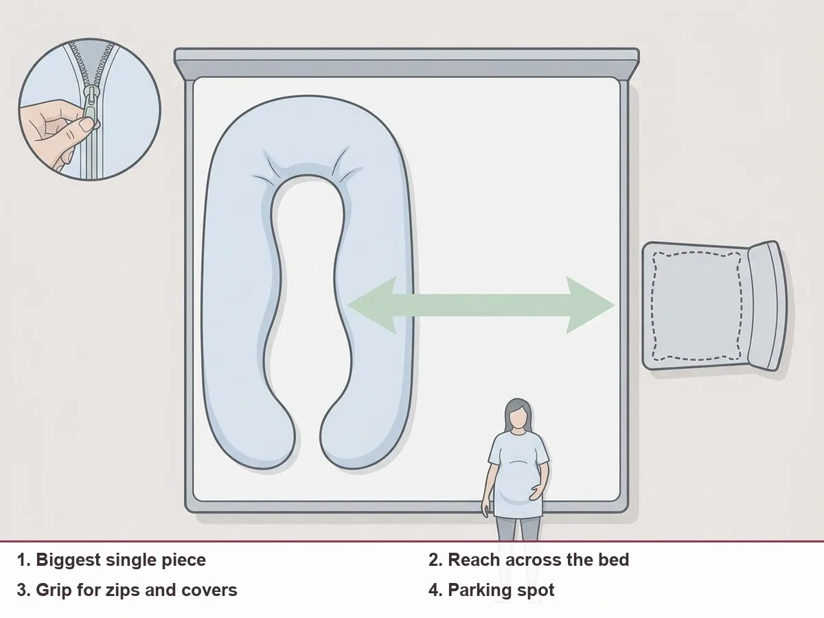 Illustration of a bed seen from above with a long U pillow, an arrow showing the reach across the bed, a hand pinching a zip, and a chair as a parking spot