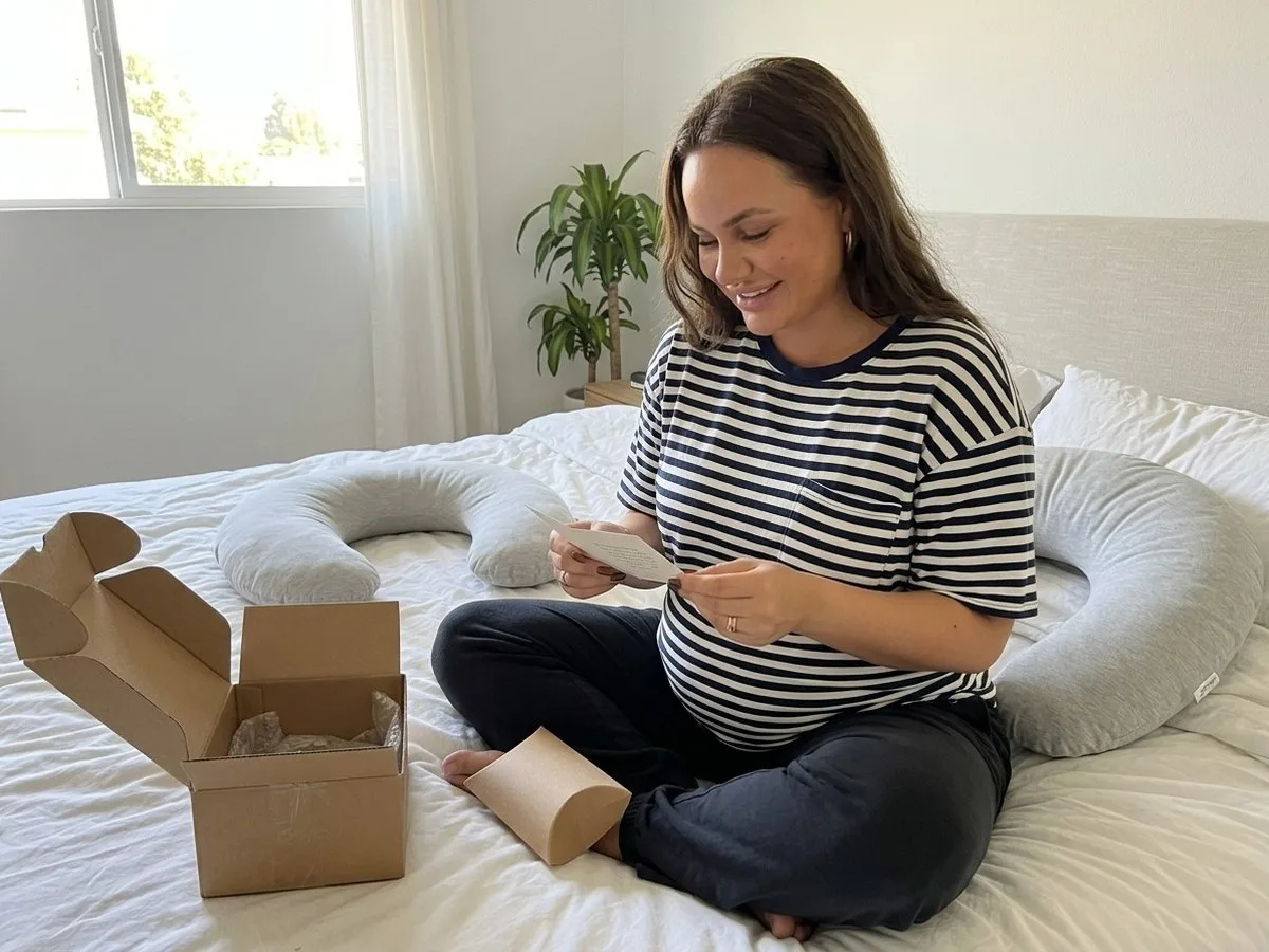Pregnant woman in daylight reading a small setup card from a pillow box while sitting on her bed next to a C-shaped pillow