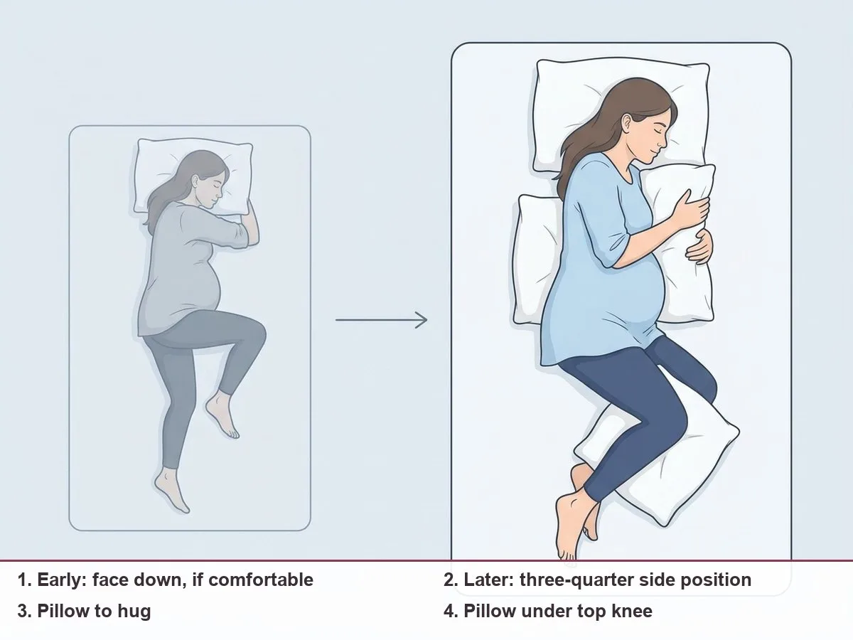 Illustration comparing lying face down with a three-quarter side position where a pregnant woman hugs a pillow and rests her top knee on another