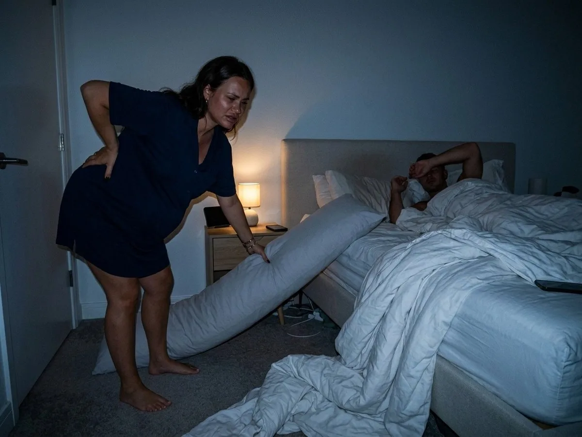 Night, pregnant woman standing beside the bed dragging a long pillow back onto the mattress while her partner shields his eyes from the lamp