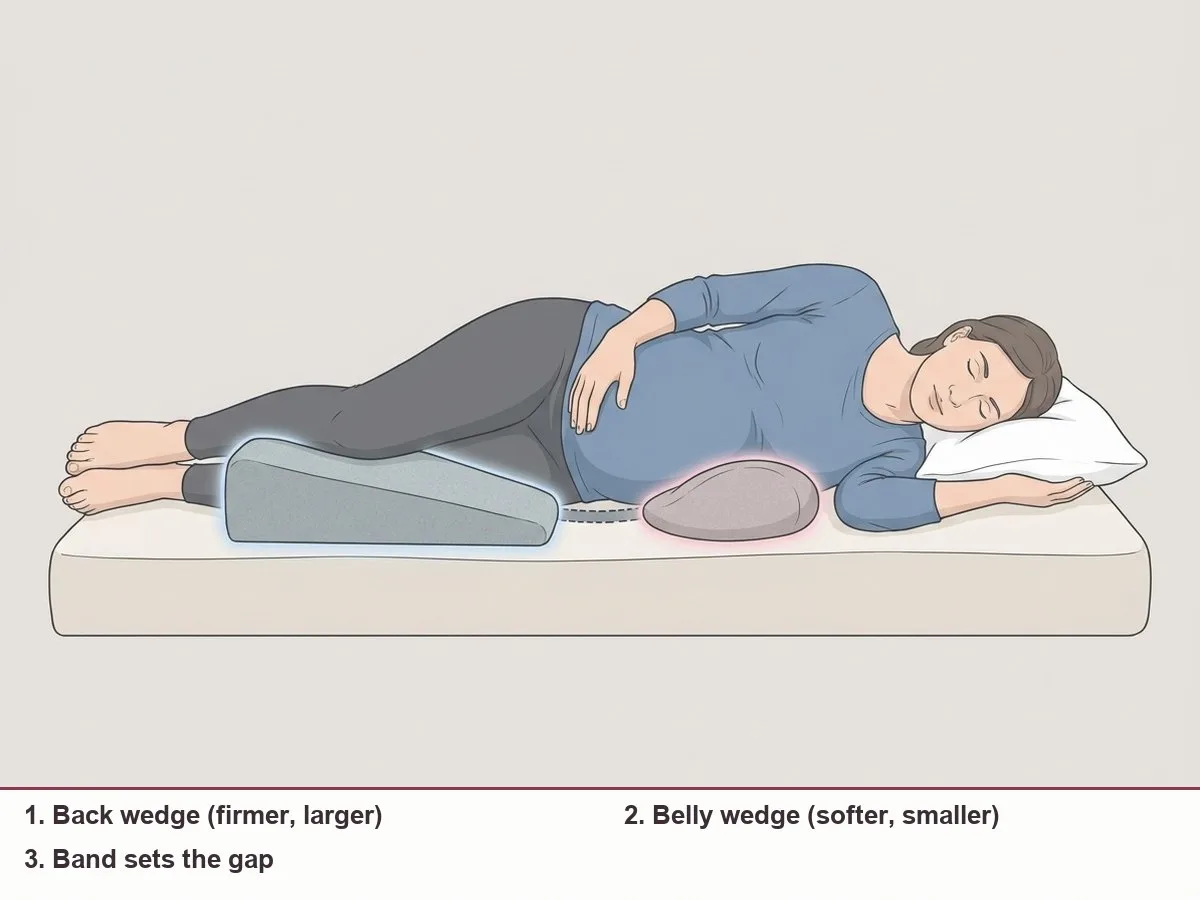 Illustration of a side-lying pregnant woman with a larger firm wedge behind her lower back, a smaller soft wedge under her bump and a band joining them under her