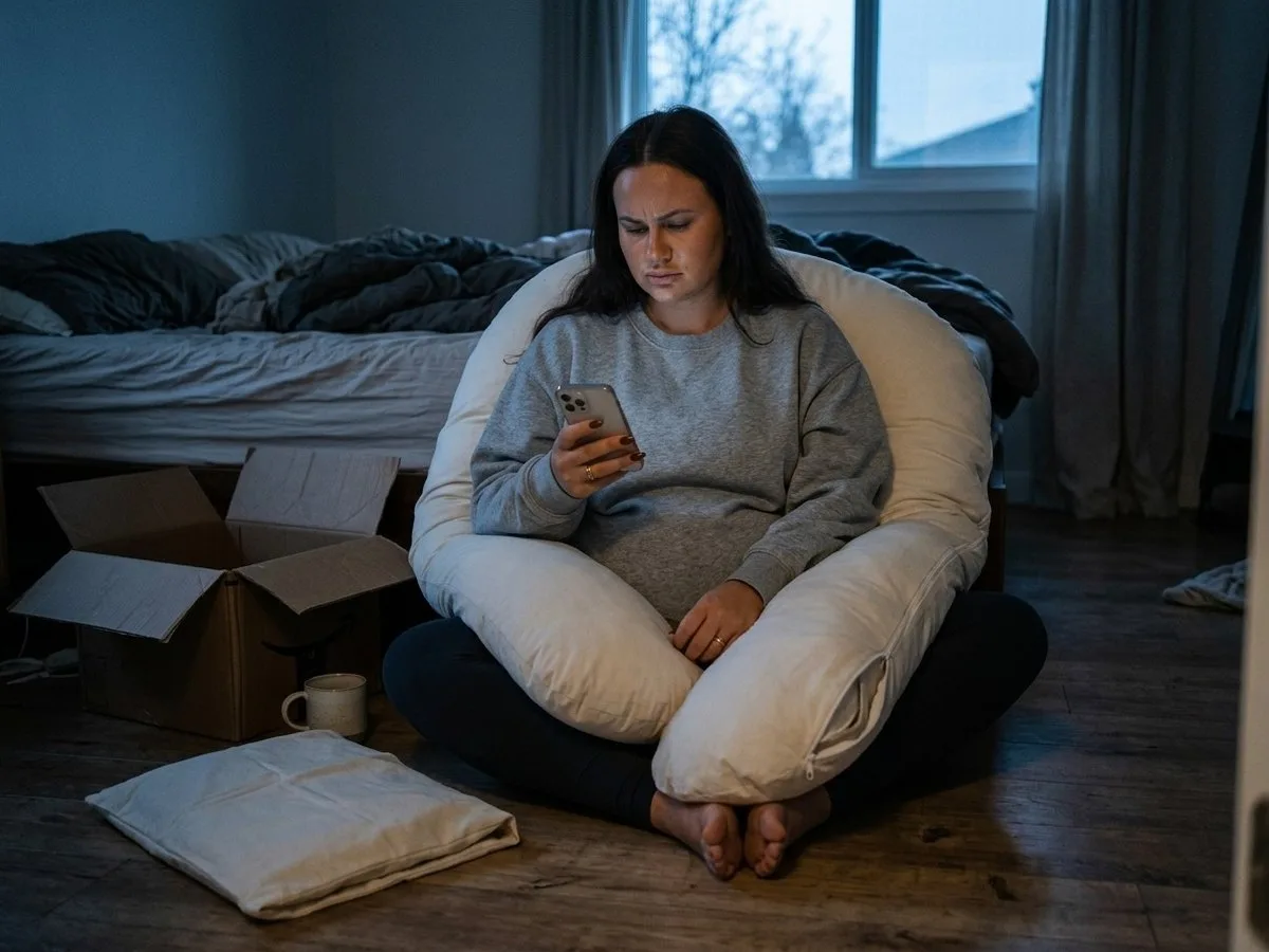 Pregnant woman sitting on a bedroom floor in the evening with a large U-shaped pillow across her lap, frowning at a how-to video on her phone