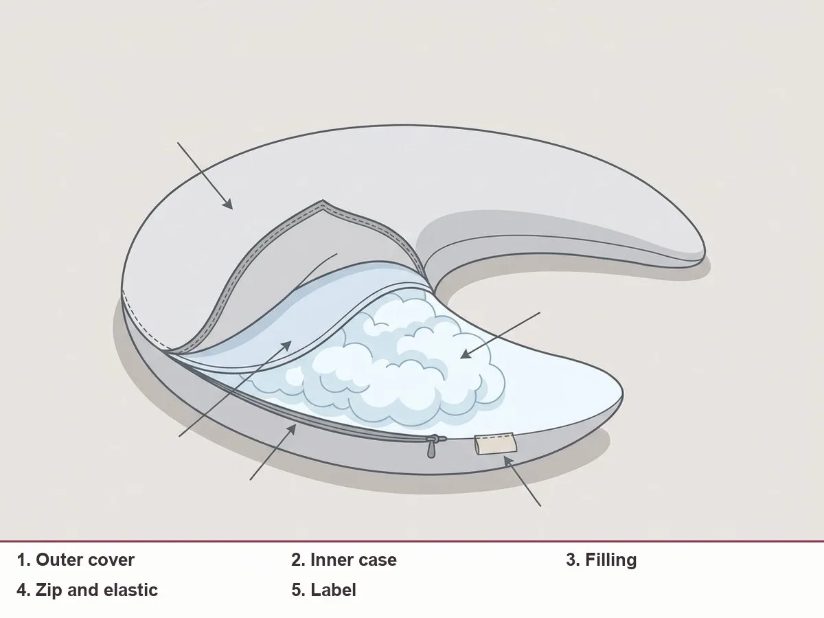 Cutaway illustration of a side-sleeping pregnancy pillow showing the outer cover, inner case, filling and zip as separate layers