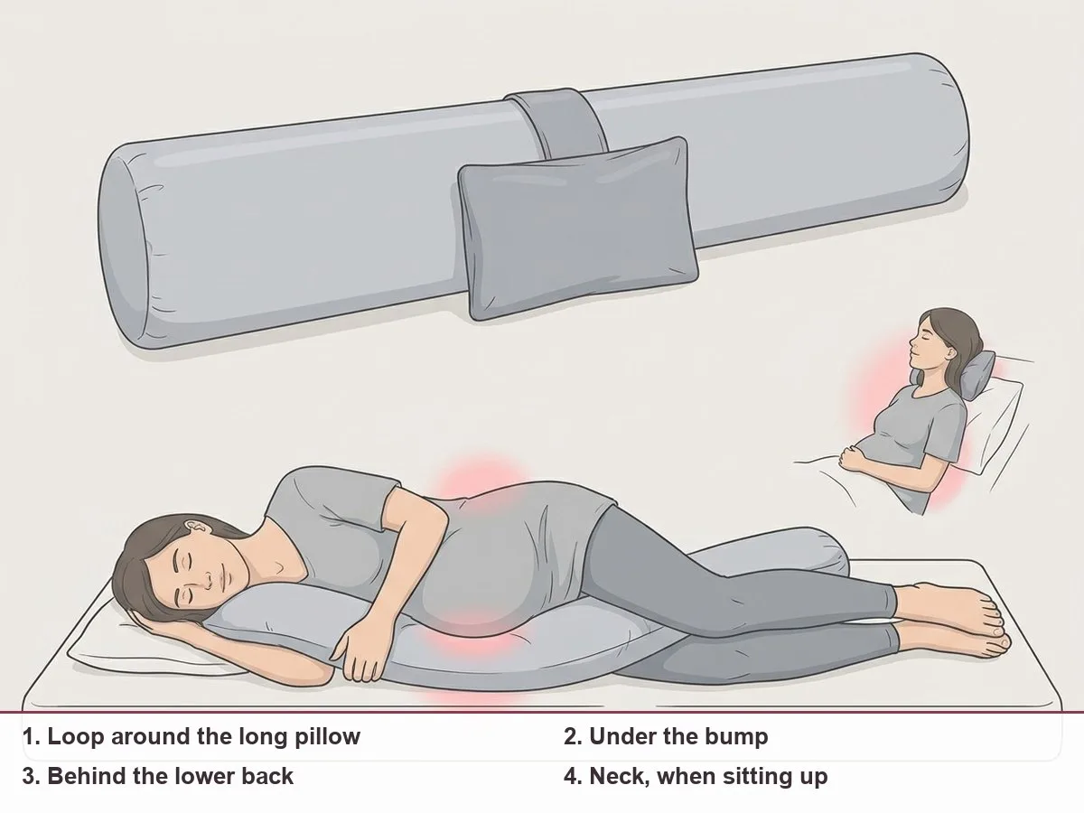 Illustration of a long straight pregnancy pillow with a small removable cushion threaded on by a fabric loop, and three highlighted spots where the cushion can sit: under the bump, behind the lower ba