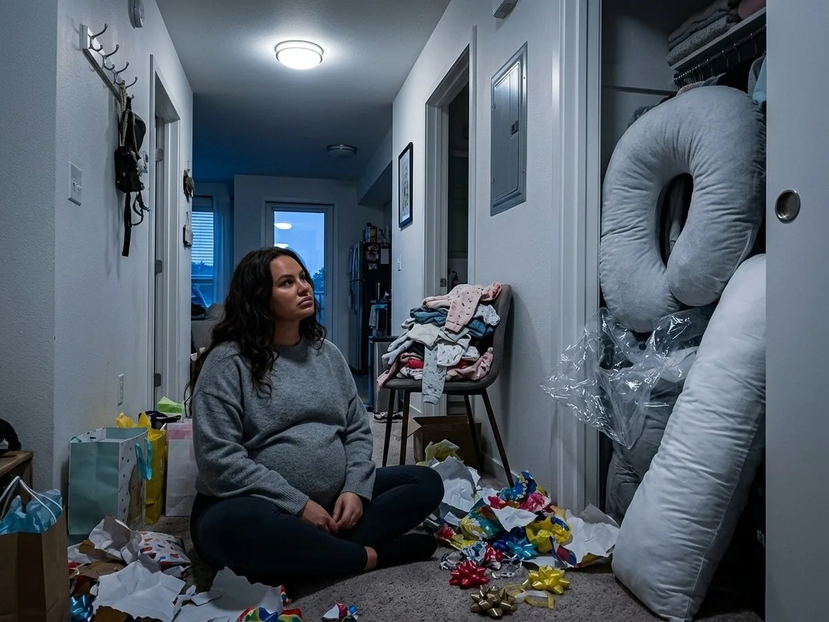 Tired pregnant woman sitting on the floor among baby shower wrapping paper, looking at a hall closet stuffed with two large pregnancy pillows