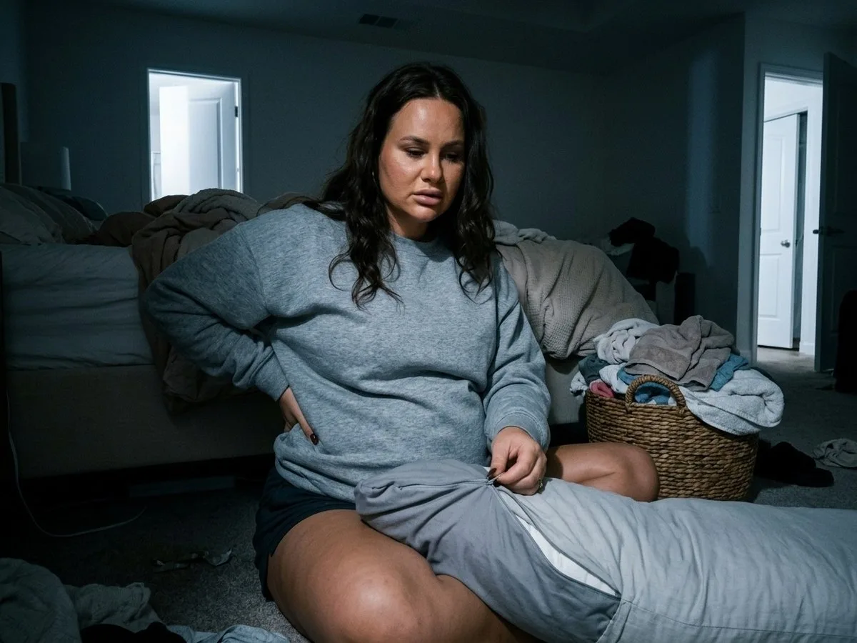 Pregnant woman sitting on a bedroom floor with a pillow half inside a cover that will not close, holding the stuck zipper pull