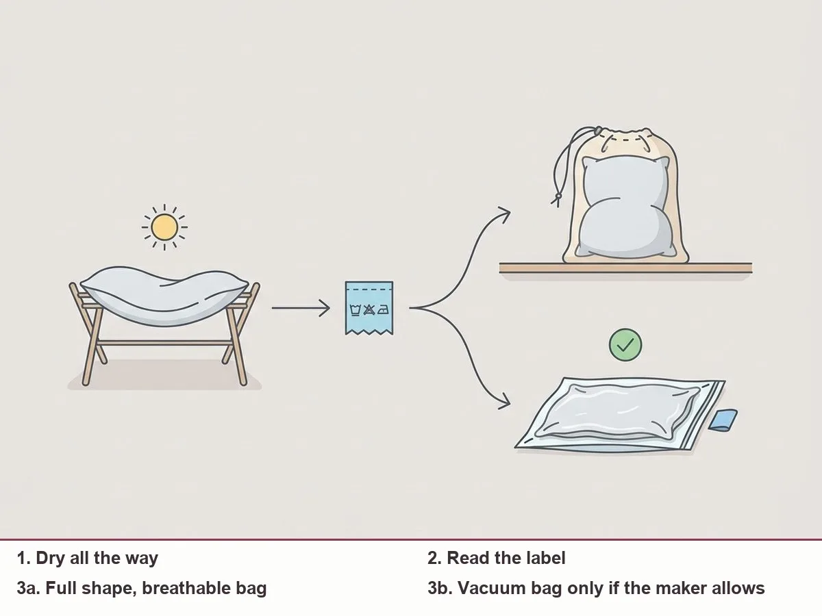 Illustration of a pillow drying on a rack, a care tag, a breathable fabric storage bag on a closet shelf and a sealed vacuum bag with a question mark