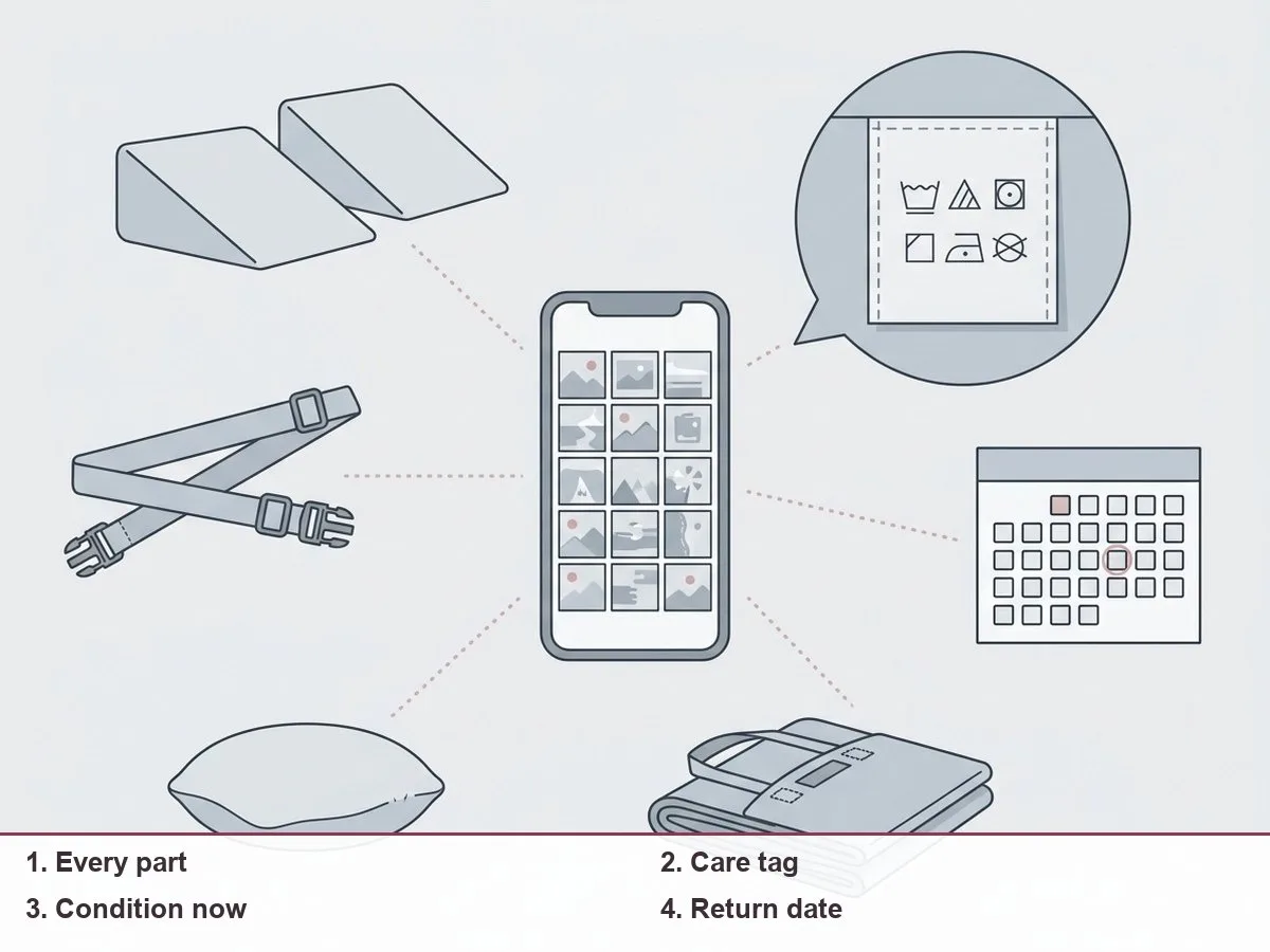 Illustration of a handover sheet: every part of a pregnancy pillow laid out, the care tag, and a calendar for the return date