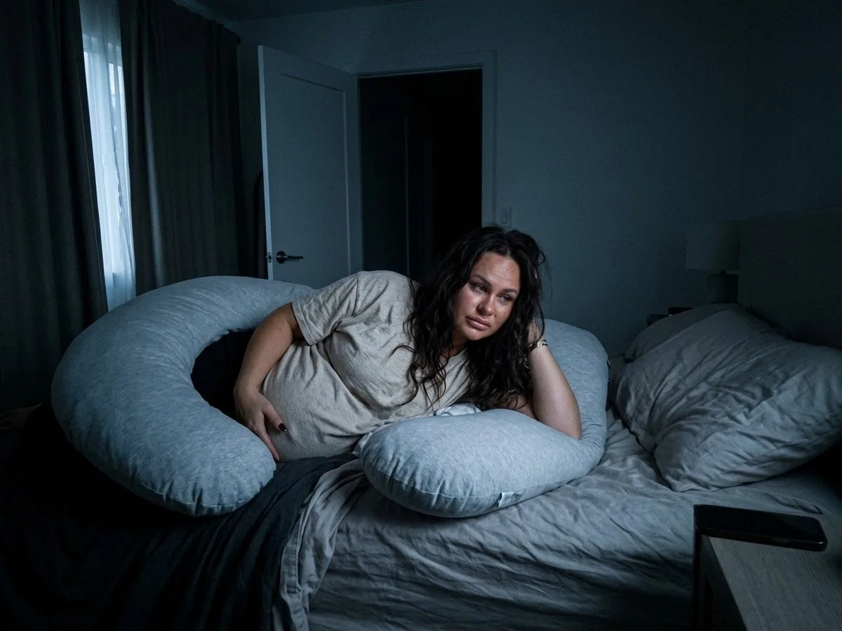 Night, pregnant woman alone in a queen bed with a large U-shaped pillow, looking toward the empty side where the blanket has fallen to the floor
